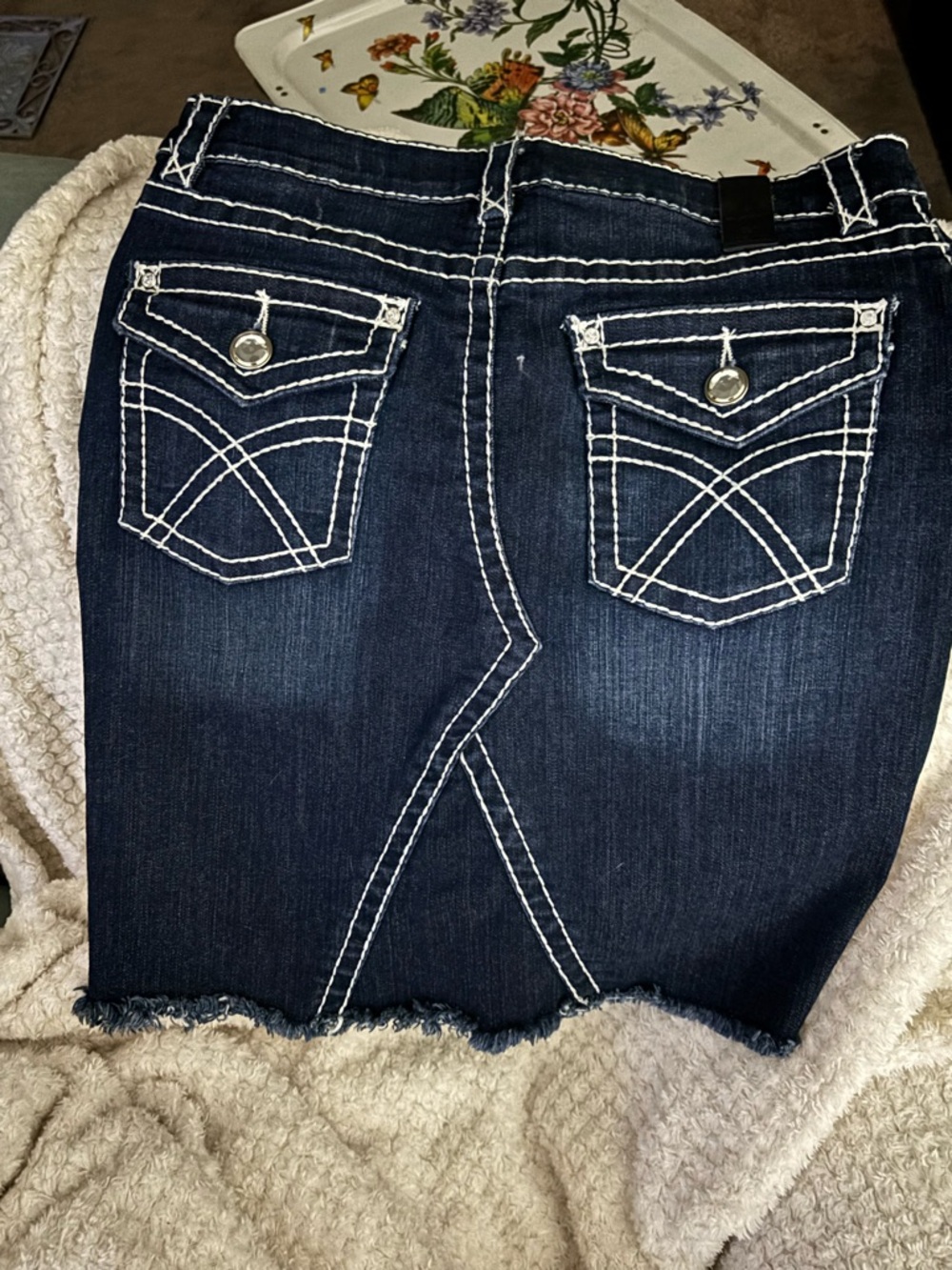 Dark Blue Women's Denim Skirt with White Contrast Stitching